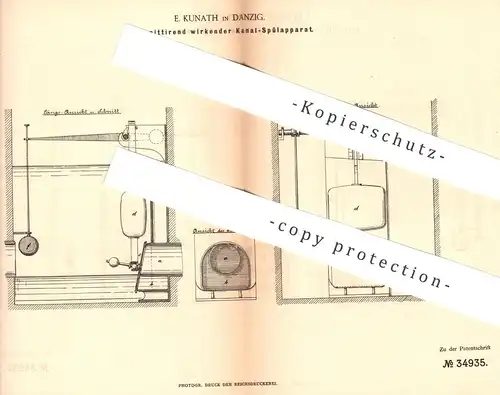 original Patent - E. Kunath , Danzig , 1885 , Intermittierend wirkender Kanal Spülapparat | Kanalisation , Wasserleitung