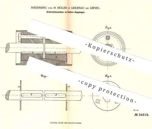 original Patent - Frederking u. H. Müller , Leipzig / Lindenau , 1885 , Sicherheitsscheiben an Sellers - Kupplungen !!