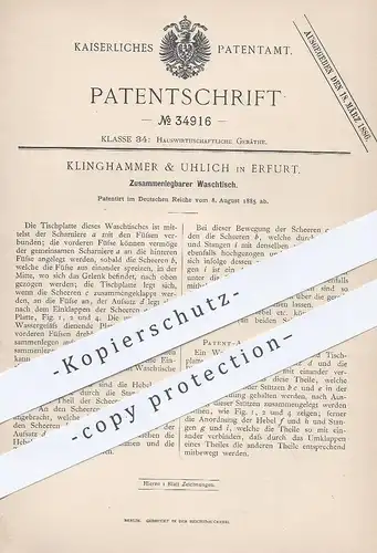 original Patent - Klinghammer & Uhlich , Erfurt , 1885 , Zusammenlegbarer Waschtisch | Tisch , Bad , Tische , Möbel !!
