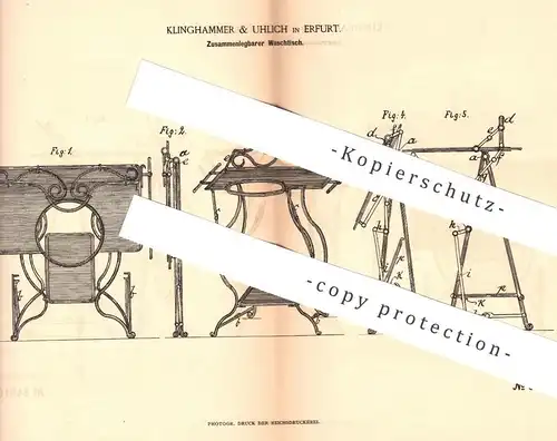 original Patent - Klinghammer & Uhlich , Erfurt , 1885 , Zusammenlegbarer Waschtisch | Tisch , Bad , Tische , Möbel !!