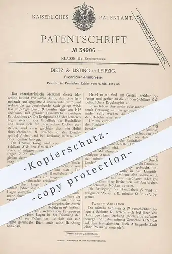 original Patent - Dietz & Listing , Leipzig , 1885 , Buchrücken - Rundpresse | Buch - Presse | Buchbinder , Buchbinderei