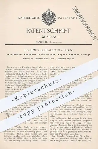 original Patent - J. Schmitz Schlagloth , Köln , 1892 , Verstellbarer Rücken für Bücher , Mappen , Taschen | Buchbinder