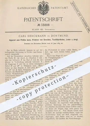 original Patent - Carl Derckmann , Dortmund , 1885 , Prüfen u. Testen von Gewebe , Textilien , Leder , Stoff , Garn !!