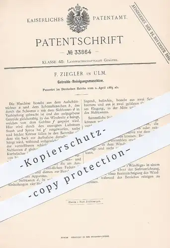 original Patent - F. Ziegler , Ulm , 1885 , Getreide - Reinigungsmaschine | Landwirtschaft | Windfege , Mühle !!