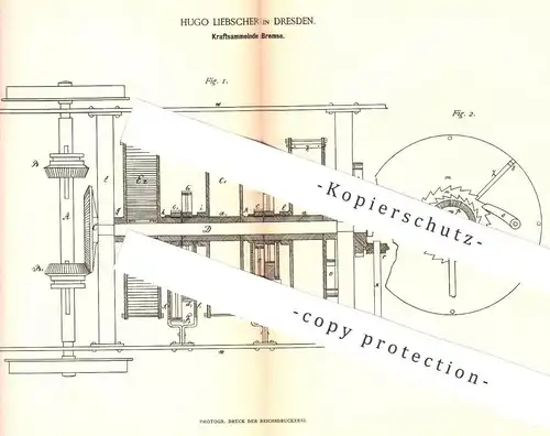 original Patent - Hugo Liebscher , Dresden , 1885 , Kraftsammelnde Bremse | Bremsen , Eisenbahn , Straßenbahn !!!