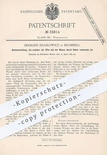 original Patent - Hermann Israelowicz , Bromberg , 1885 , Badeofen - Heizung | Ofen , Ofenbauer , Warmwasser , Baden !!