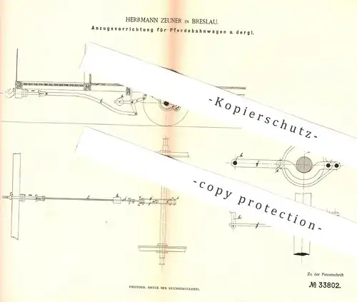 original Patent - Herrmann Zeuner , Breslau , 1885 , Anzug für Pferdebahnwagen | Pferde Kutsche , Wagen , Pferdeschoner