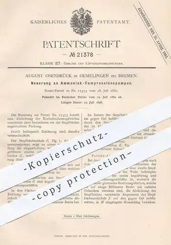 original Patent - August Osenbrück , Hemelingen / Bremen , 1882 , Ammoniak - Kompressionspumpen | Pumpe , Pumpen !!!