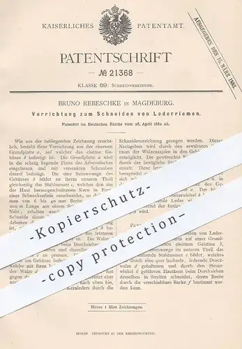 original Patent - Bruno Rebeschke , Magdeburg 1882 , Schneiden von Lederriemen | Leder , Schneidzeug , Gerber , Gerberei