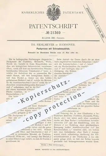original Patent - Th. Nehlmeyer , Hannover , 1882 , Packpresse mit Schraubenantrieb | Presse , Pressen | Holz , Torf !!