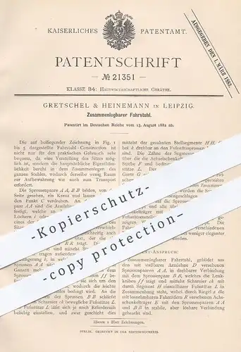 original Patent - Gretschel & Heinemann , Leipzig , 1882 , Zusammenlegbarer Fahrstuhl | Rollstuhl , Stuhl , Stühle !!