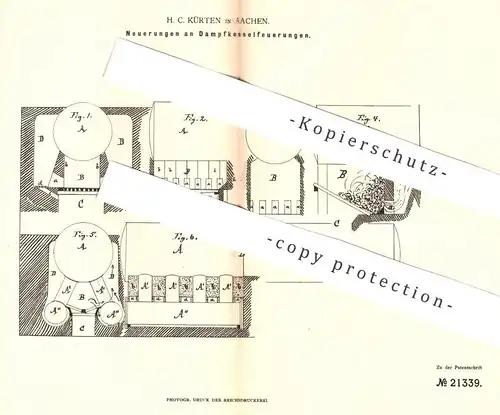 original Patent - H. C. Kürten , Aachen , 1882 , Dampfkesselfeuerung | Dampfkessel - Feuerung | Heizung , Ofen , Kessel
