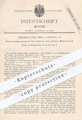 original Patent - Friedrich Hugo Berg , Zwickau , 1882 , Klassierungsapparat für Kohlen , Mineralien , Erze | Kohle !!