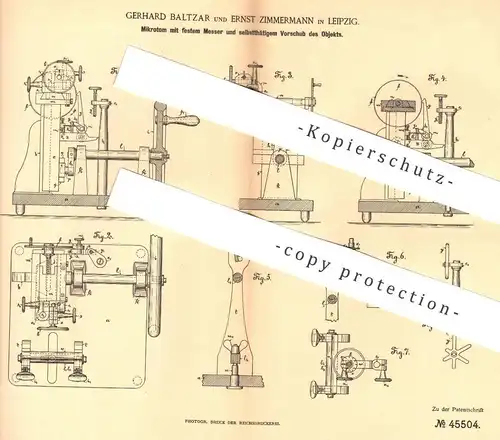 original Patent - Gerhard Baltzar , Ernst Zimmermann , Leipzig , 1888 , Mikrotom mit festem Messer | Mikroskop , Prisma