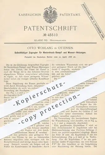 original Patent - Otto Wohlang , Hamburg / Ottensen , 1888 , Zugregler für Heizungen | Heizung , Wasser , Dampf , Druck