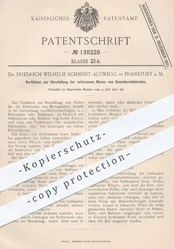 original Patent - Dr. Friedrich Wilhelm Schmidt Altwegg , Frankfurt / Main , 1901 , Masse von Sammlerlektroden | Strom