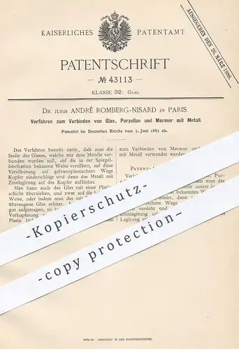 original Patent - Dr. Juris André Romberg Nisard , Paris , Frankreich , 1887 , Verbinden von Glas , Porzellan mit Metall