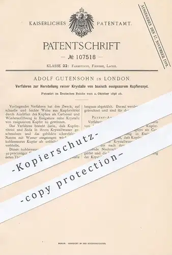 original Patent - Adolf Gutensohn , London 1898 , reine Kristalle aus basisch essigsaurem Kupferoxyd | Kristall , Chemie