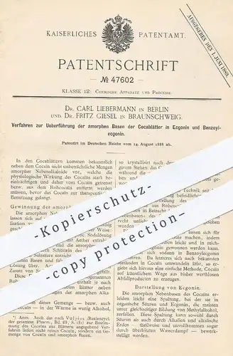 original Patent - Dr. Carl Liebermann , Berlin 1888 , Überführung der amorphen Basen der Cocablätter | Chemie , Chemiker