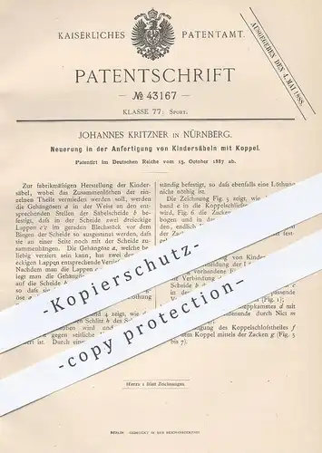 original Patent - Johannes Kritzner , Nürnberg , Kindersäbel mit Koppel | Säbel , Schwert , Dolch für Kinder | Sport !!!