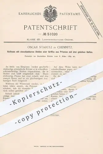 original Patent - Oscar Staritz , Chemnitz , 1889 , Hufeisen mit Stollen oder Griffen | Huf , Hufe , Pferd , Schmied !!