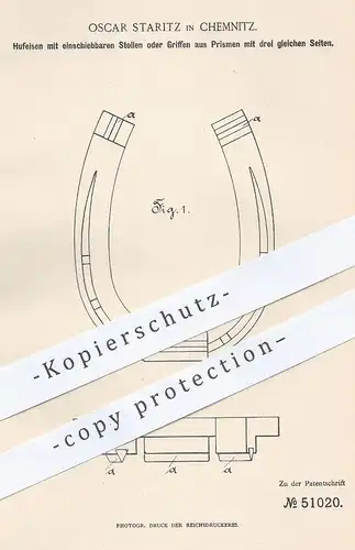 original Patent - Oscar Staritz , Chemnitz , 1889 , Hufeisen mit Stollen oder Griffen | Huf , Hufe , Pferd , Schmied !!