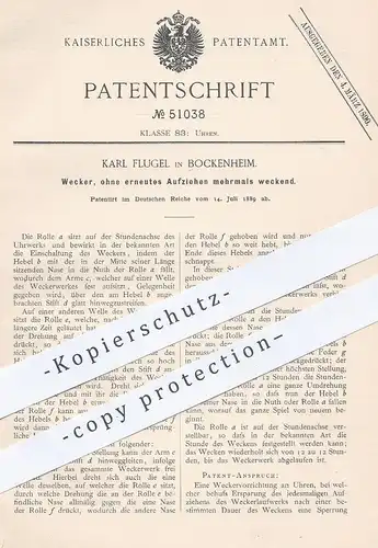 original Patent - Karl Flugel , Bockenheim , 1889 , Wecker | Uhr , Uhren , Uhrwerk , Uhrmacher , Weckerwerk , Klingel !