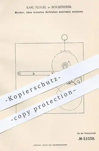 original Patent - Karl Flugel , Bockenheim , 1889 , Wecker | Uhr , Uhren , Uhrwerk , Uhrmacher , Weckerwerk , Klingel !