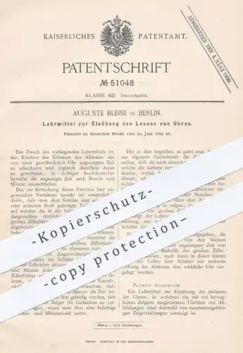 original Patent - Auguste Bleise , Berlin , 1889 , Lehrmittel zum Lesen u. Lernen der Uhrzeit | Uhr , Uhren , Schule !!