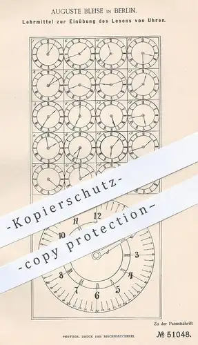 original Patent - Auguste Bleise , Berlin , 1889 , Lehrmittel zum Lesen u. Lernen der Uhrzeit | Uhr , Uhren , Schule !!