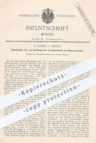 original Patent - H. Kawel , Berlin , 1889 , Ventil zur Entlüftung u. Belüftung mit Doppelkolben | Motor , Motoren !!