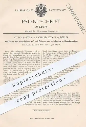 original Patent - Otto Baetz , Richard Szonn , Berlin , 1889 , Notenbrett am Klaviaturdeckel | Klavier , Piano , Musik !