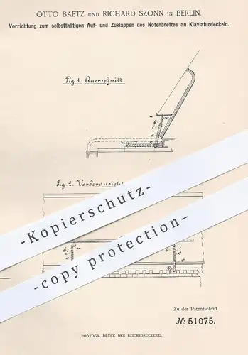 original Patent - Otto Baetz , Richard Szonn , Berlin , 1889 , Notenbrett am Klaviaturdeckel | Klavier , Piano , Musik !