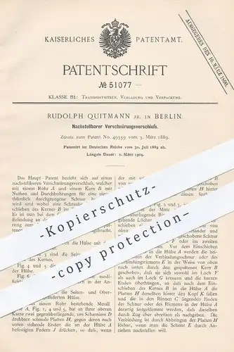 original Patent - Rudolph Quitmann , Berlin , 1889 , Verschnürungsverschluss zum Transport , Verladen , Verpacken !!