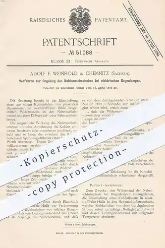 original Patent - Adolf F. Weinhold , Chemnitz , 1889 , Reinigung von Kohlenachschub an elektr. Bogenlampen | Lampe !!