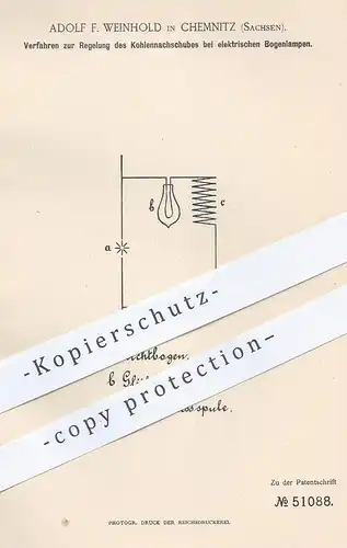 original Patent - Adolf F. Weinhold , Chemnitz , 1889 , Reinigung von Kohlenachschub an elektr. Bogenlampen | Lampe !!