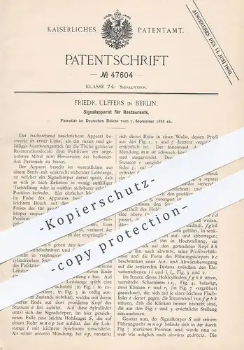 original Patent - Friedr. Ulffers , Berlin , 1888 , optisches Signal für Restaurant | Lampe , Licht , Glocke , Kellner