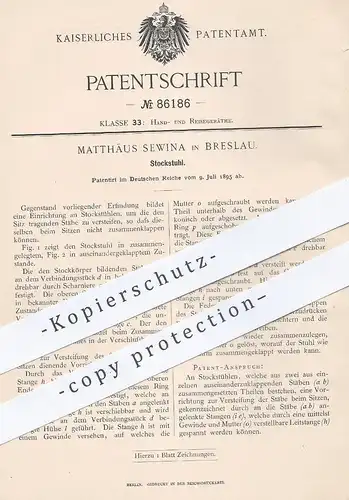 original Patent - Matthäus Sewina , Breslau , 1895, Stockstuhl | Stock - Stuhl , Stühle , Möbel , Tischler , Schemel !!