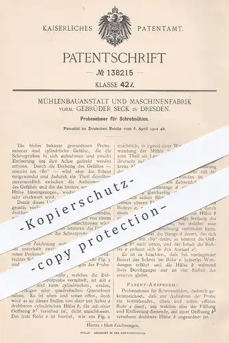 original Patent - Mühlenbauanstalt & Maschinenfabrik | Gebr. Seck , Dresden , 1902 , Probenehmer für Schrotmühle | Mühle