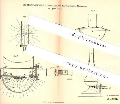 original Patent - John Scudamore Sellon , London , Hatton Garden , Middlesex 1887 , Glasglühlicht | Glas Glühlicht Lampe