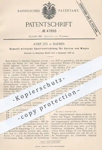 original Patent - Josef Lex , Barmen , 1888 , doppelte Sperre f. Kutschen , Karren , Wagen | Pferde - Kutsche | Kutscher