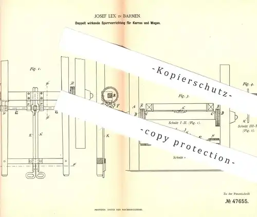 original Patent - Josef Lex , Barmen , 1888 , doppelte Sperre f. Kutschen , Karren , Wagen | Pferde - Kutsche | Kutscher