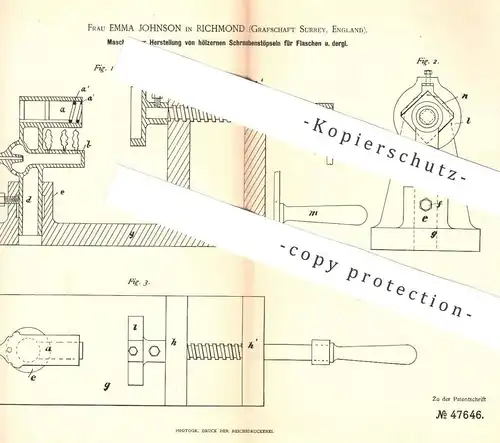 original Patent - Emma Johnson , Richmond , Surrey , England , 1888 , Schraubenstöpsel für Flaschen aus Holz !!!