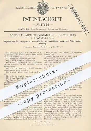 original Patent - Deutsche Nähmaschinenfabrik Jos. Wertheim , Frankfurt / Main , 1888 , Säge , Sägen | Laubsäge , Holz