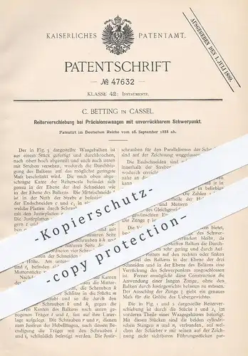 original Patent - C. Betting , Kassel , 1888 , Reiterverschiebung bei Präzisionswaage | Waagen , Waage | Wiegen !!!