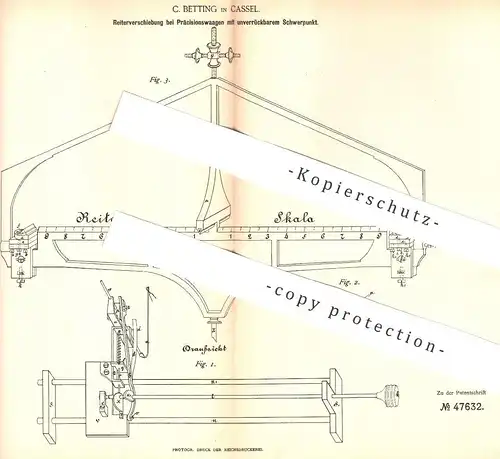 original Patent - C. Betting , Kassel , 1888 , Reiterverschiebung bei Präzisionswaage | Waagen , Waage | Wiegen !!!