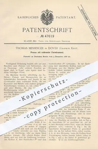 original Patent - Thomas Messenger , Dover , Kent , 1888 , Presse mit rotierender Formtrommel | Pressen , Ton , Stein !