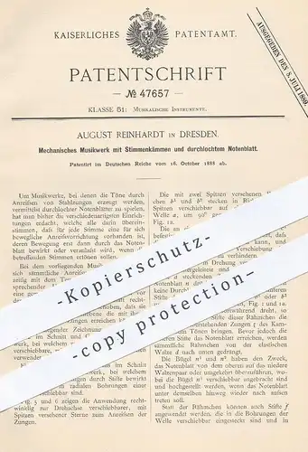 original Patent - August Reinhardt , Dresden , 1888 , Mechanisches Musikwerk | Musikinstrument , Noten , Notenblatt !!