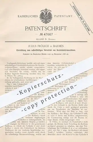 original Patent - Julius Frölich , Barmen , 1888 , Vorschub von Gesteinbohrmaschinen | Stein - Bohrmaschine | Bergbau !!