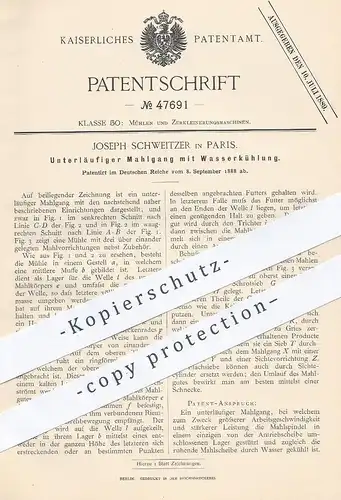 original Patent - Joseph Schweitzer , Paris Frankreich  1888 , Unterläufiger Mahlgang mit Wasserkühlung | Mühle , Mühlen